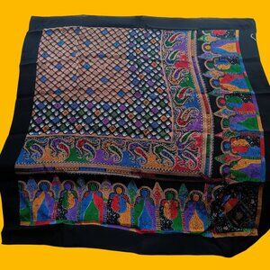 Vintage Silk Scarf Cathedral Multicolor Indian Intricate Geometric 31x31"